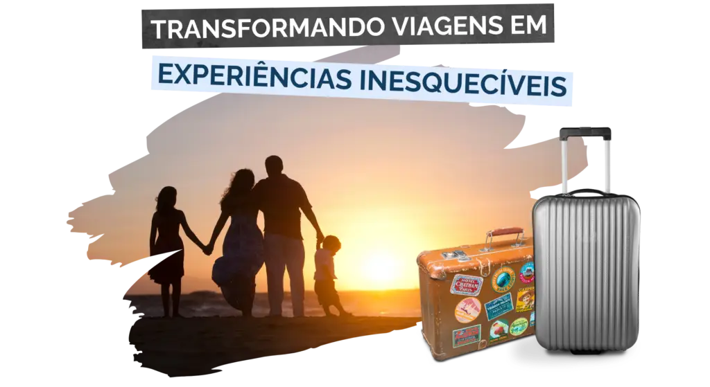 Silhueta de uma família admirando o pôr do sol na praia com duas malas de viagem ao lado, representando experiências de viagens inesquecíveis.